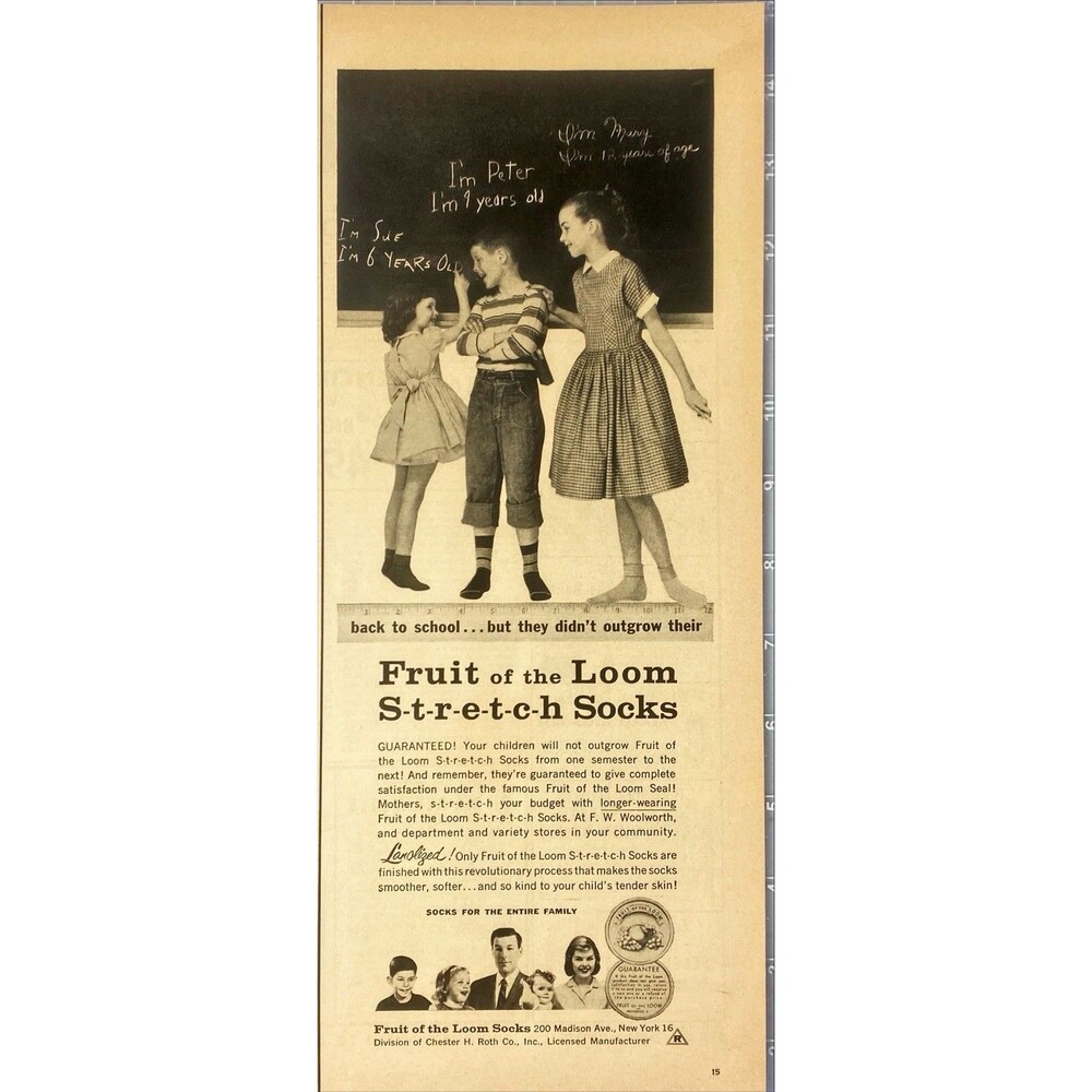 Fruit of the Loom Stretch Socks "They do not Outgrow These"Vintage Print Ad 1957